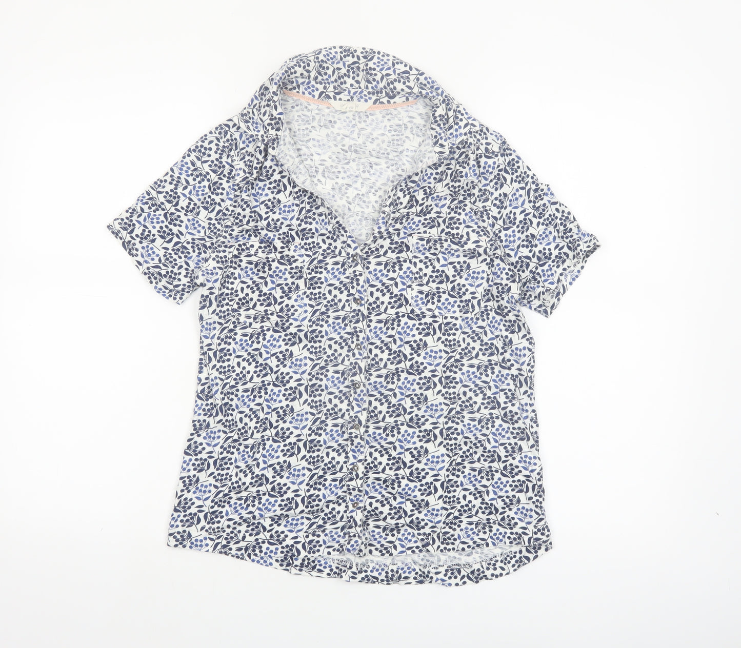 White Stuff Women Blue Floral Cotton Short Sleeve Button-Up Shirt Size 10