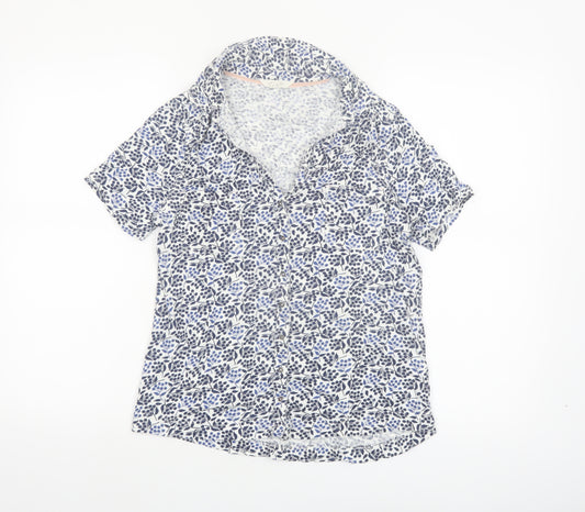 White Stuff Women Blue Floral Cotton Short Sleeve Button-Up Shirt Size 10