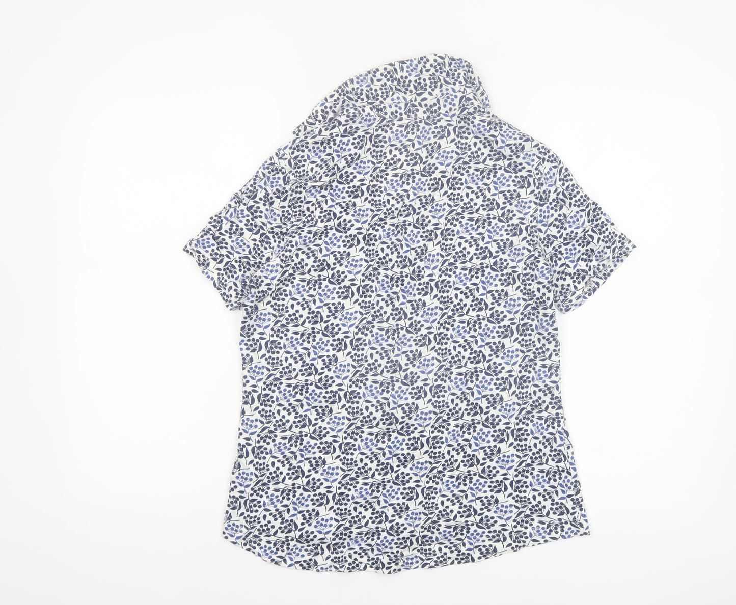 White Stuff Women Blue Floral Cotton Short Sleeve Button-Up Shirt Size 10