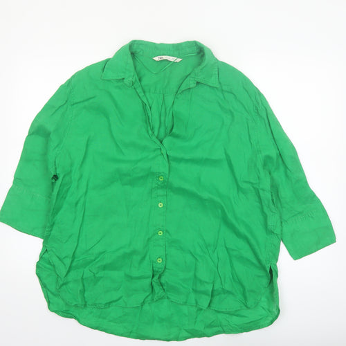 Zara Women Green Linen Collared 3/4 Sleeve Blouse Size L