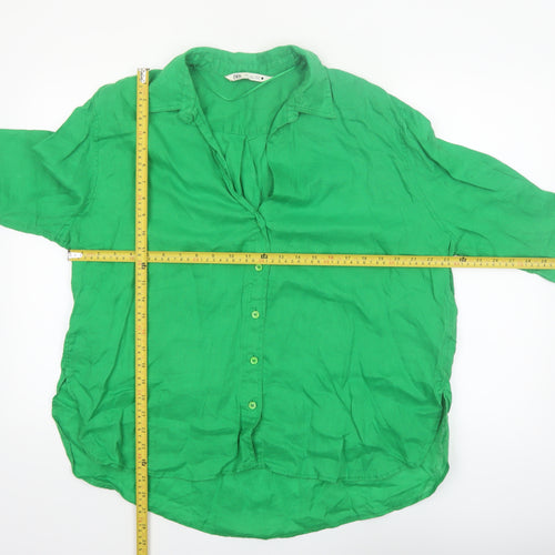 Zara Women Green Linen Collared 3/4 Sleeve Blouse Size L
