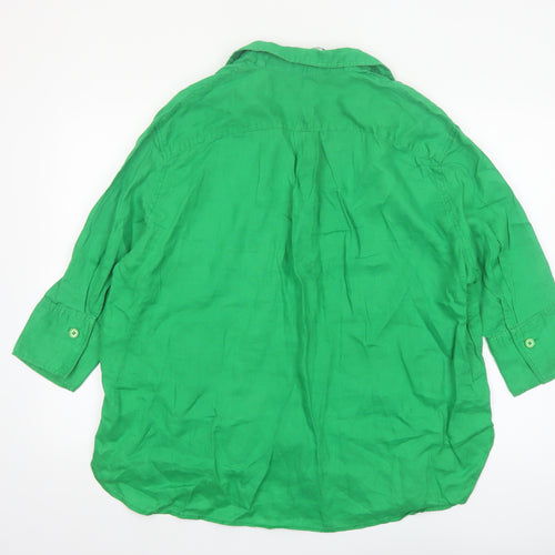 Zara Women Green Linen Collared 3/4 Sleeve Blouse Size L