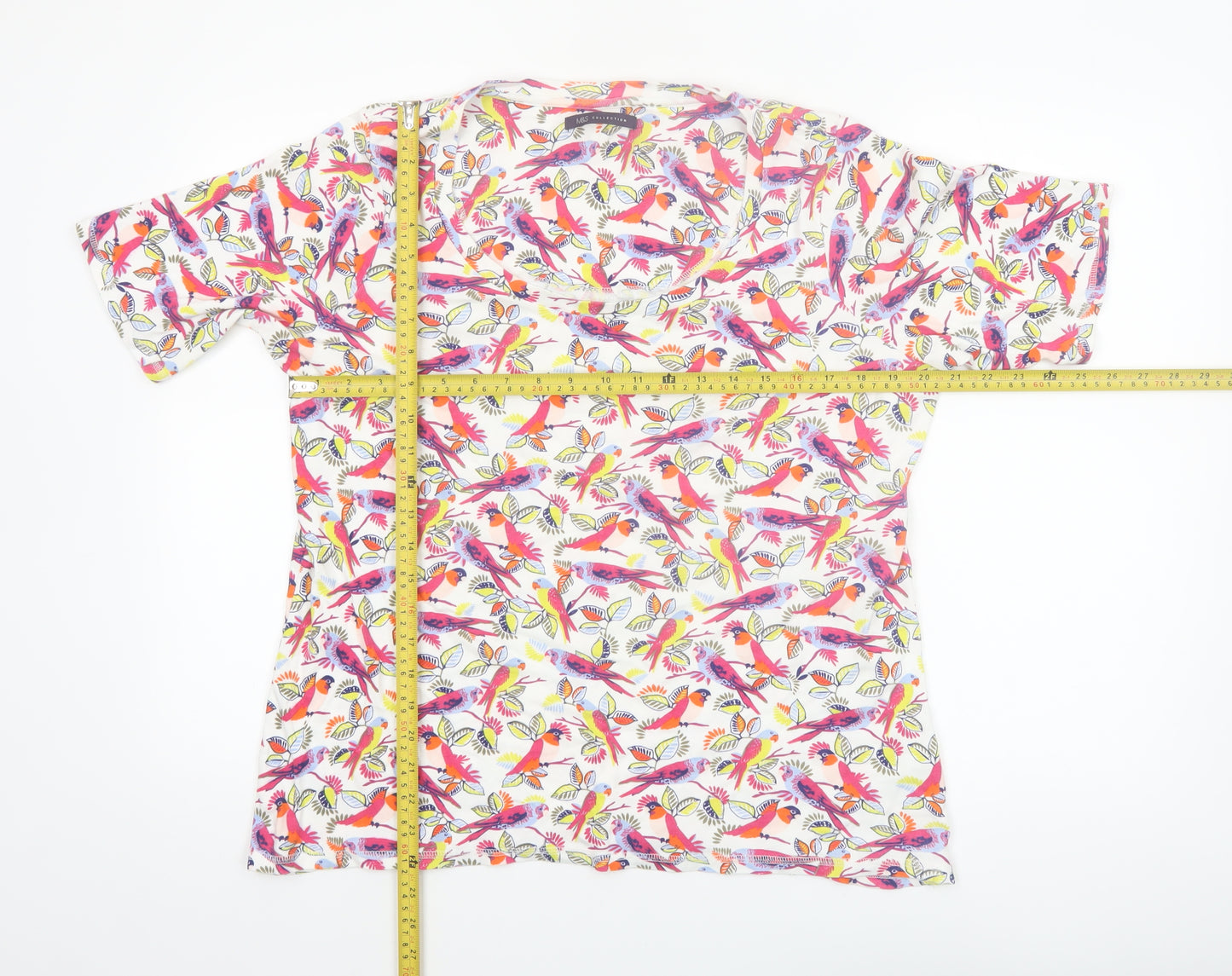 Marks and Spencer Women’s Multicoloured Bird Print Cotton V-Neck T-Shirt UK 20