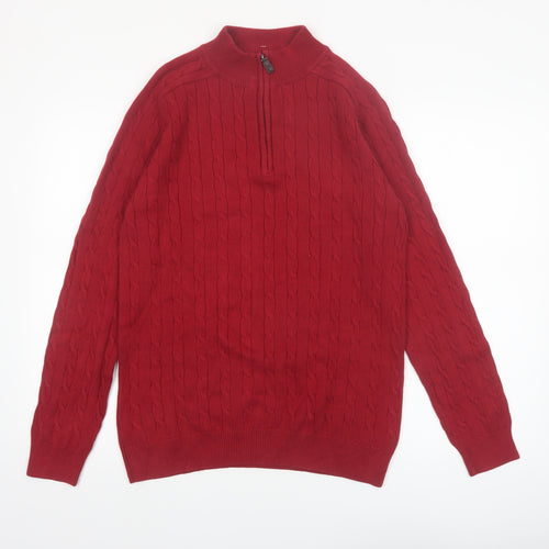 Hudson North Men's Red Cotton Cable-Knit Half Zip Jumper M