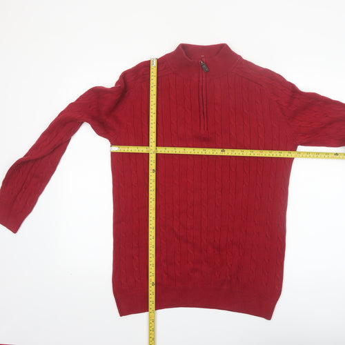 Hudson North Men's Red Cotton Cable-Knit Half Zip Jumper M