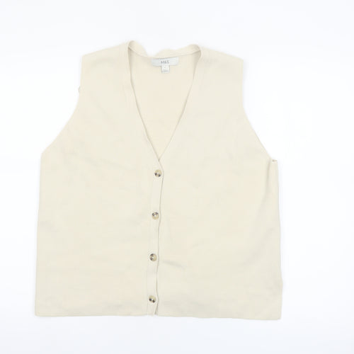 Marks and Spencer Women Beige Cotton Blend Sleeveless V-Neck Button Blouse L