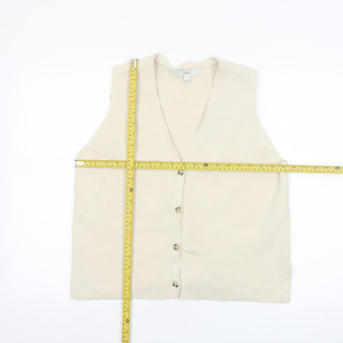 Marks and Spencer Women Beige Cotton Blend Sleeveless V-Neck Button Blouse L