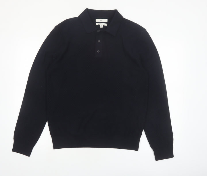 Marks and Spencer Men's Black Cotton Modal Collared Pullover Jumper M