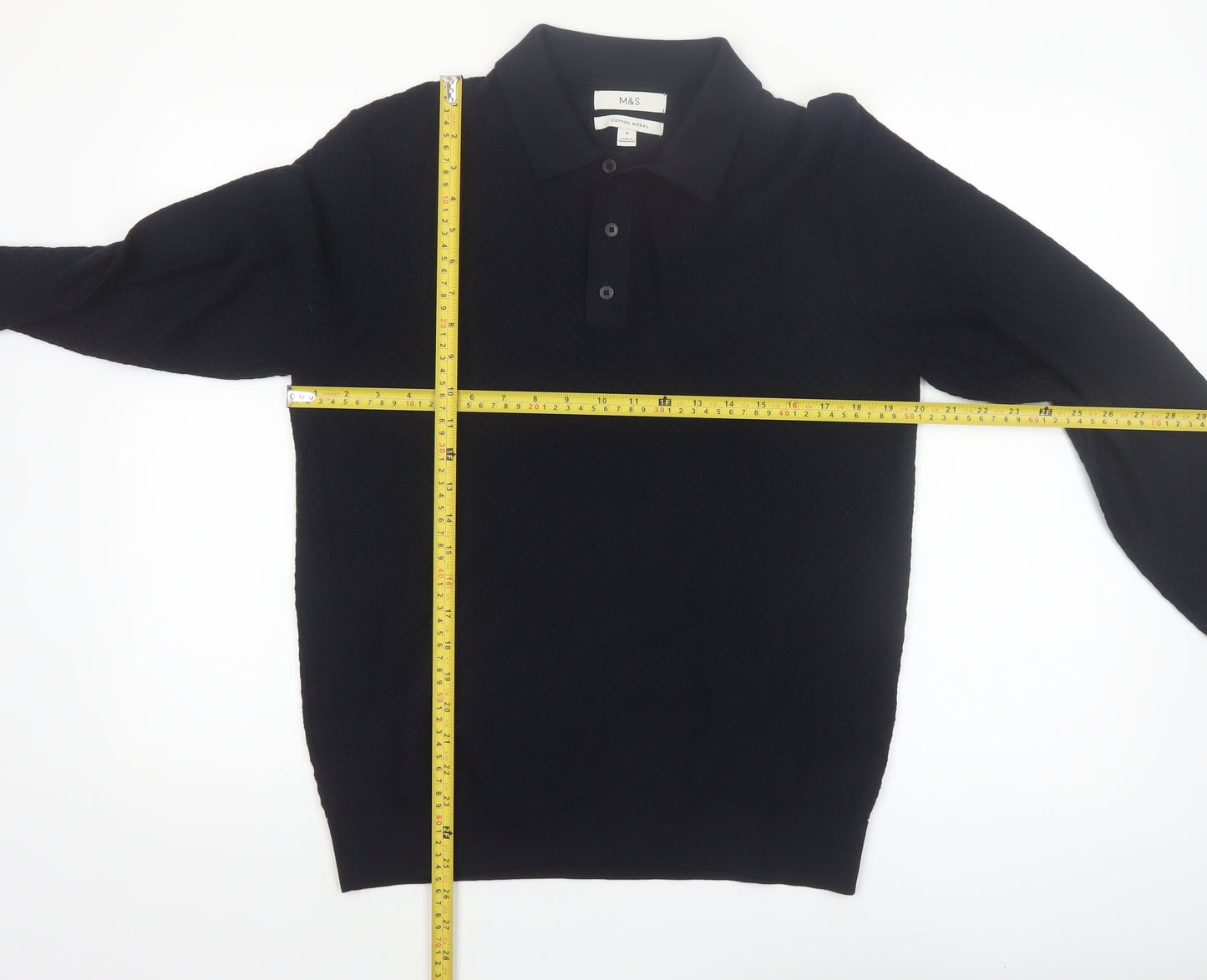 Marks and Spencer Men's Black Cotton Modal Collared Pullover Jumper M