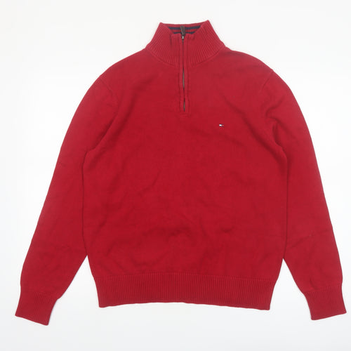 Tommy Hilfiger Men's Red Half Zip Cotton Jumper Size M
