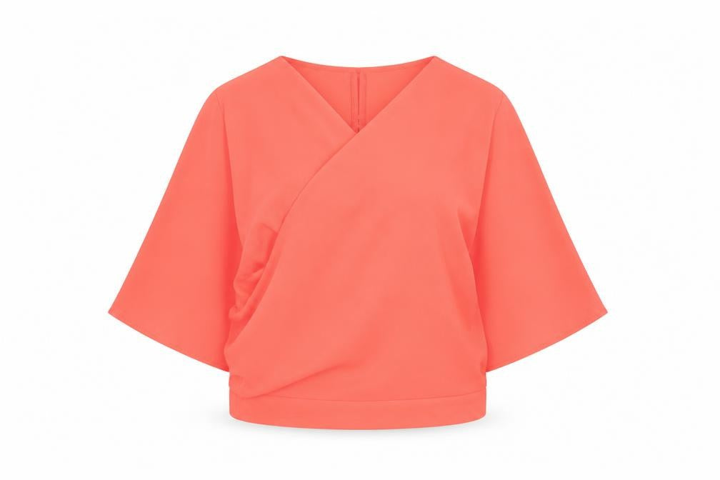 Front view of River Island women’s pink wrap blouse, size UK 10, kimono sleeve