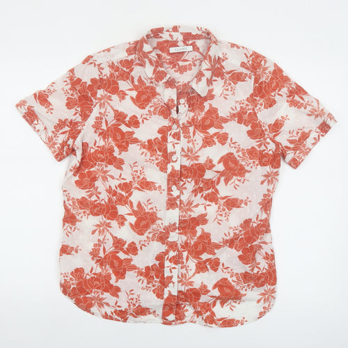 Marks and Spencer Women's Orange Floral Short Sleeve Cotton Button-Up Shirt UK 14