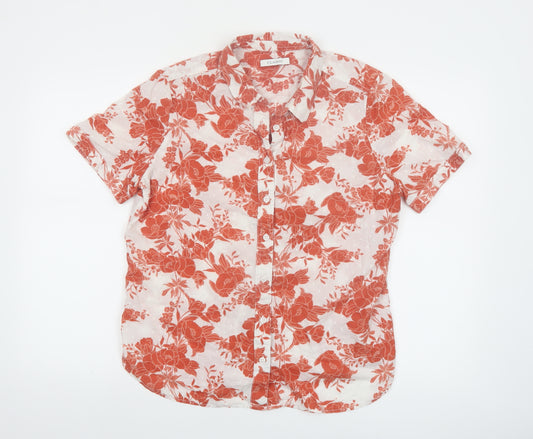 Marks and Spencer Women's Orange Floral Short Sleeve Cotton Button-Up Shirt UK 14