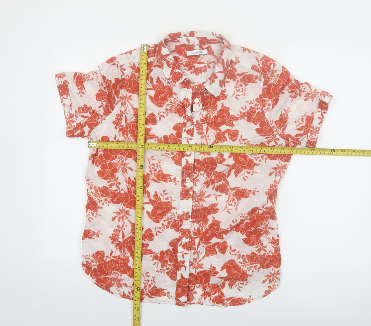 Marks and Spencer Women's Orange Floral Short Sleeve Cotton Button-Up Shirt UK 14