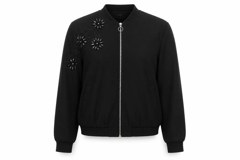 Front view of RESERVED Women’s Black Beaded Bomber Jacket, size UK 8