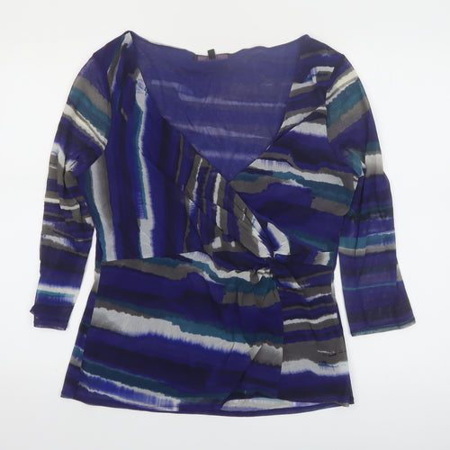 Coast Women's Blue Stripe Wrap Blouse Size 18 V-Neck 3/4 Sleeve
