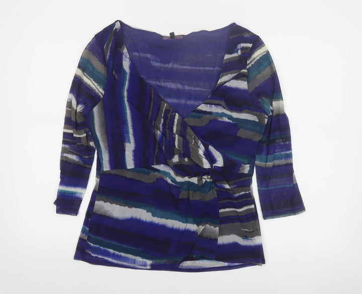 Coast Women's Blue Stripe Wrap Blouse Size 18 V-Neck 3/4 Sleeve
