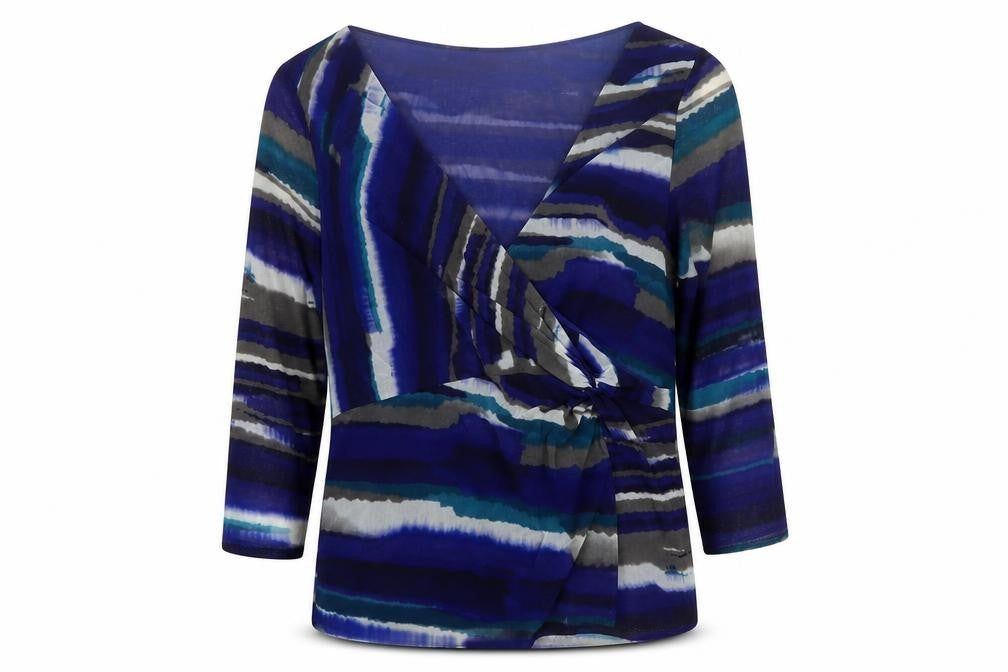 Front view of Coast Women's Blue Stripe Wrap Blouse, size 18, V-Neck 3/4 Sleeve