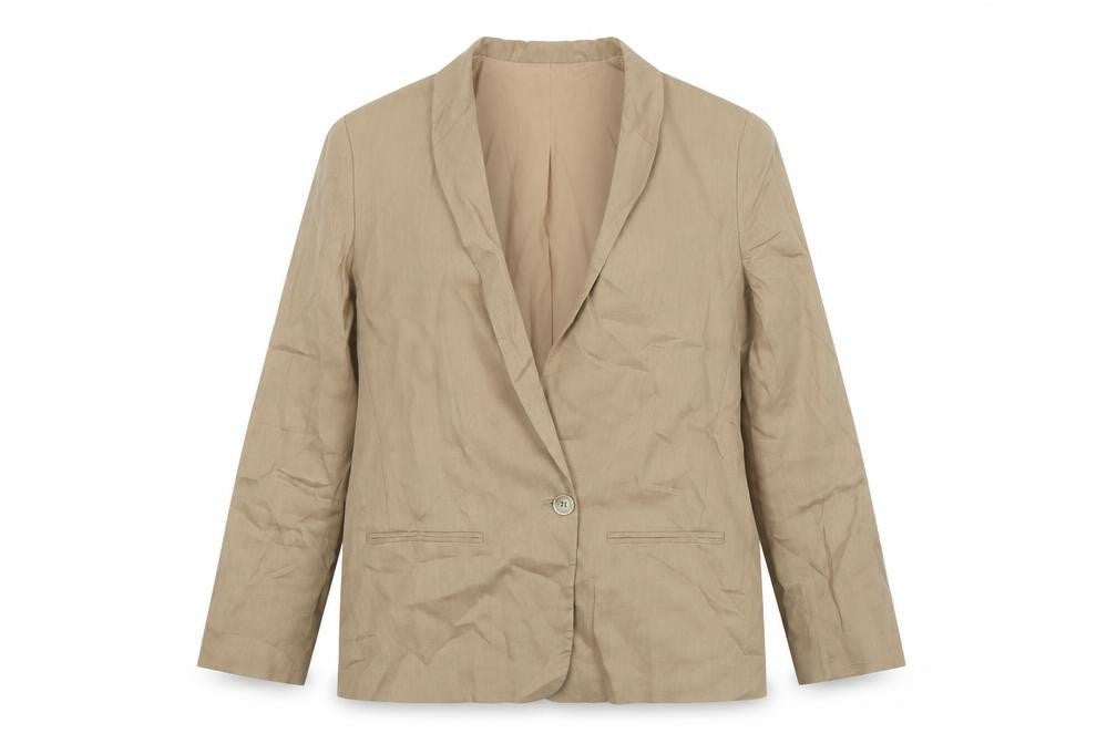 Front view of Jigsaw Women Beige Linen Blend Single-Breasted Blazer UK 12