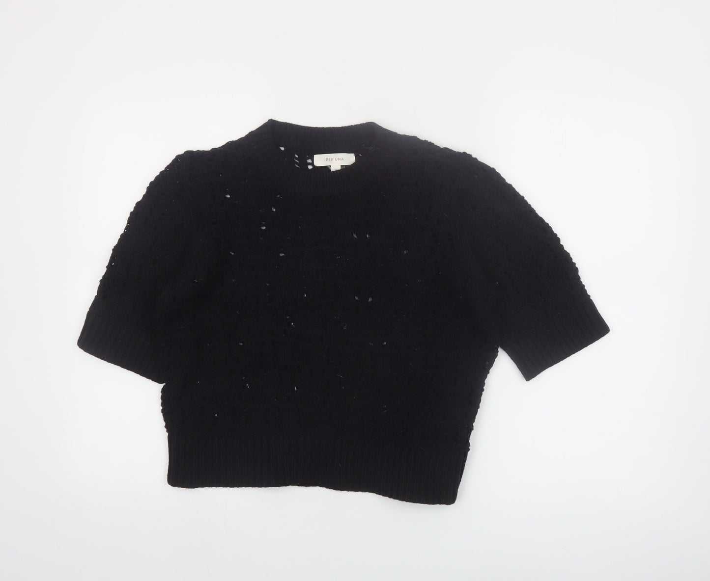 Marks and Spencer Per Una Women's Black Crochet Cotton Short Sleeve Jumper M