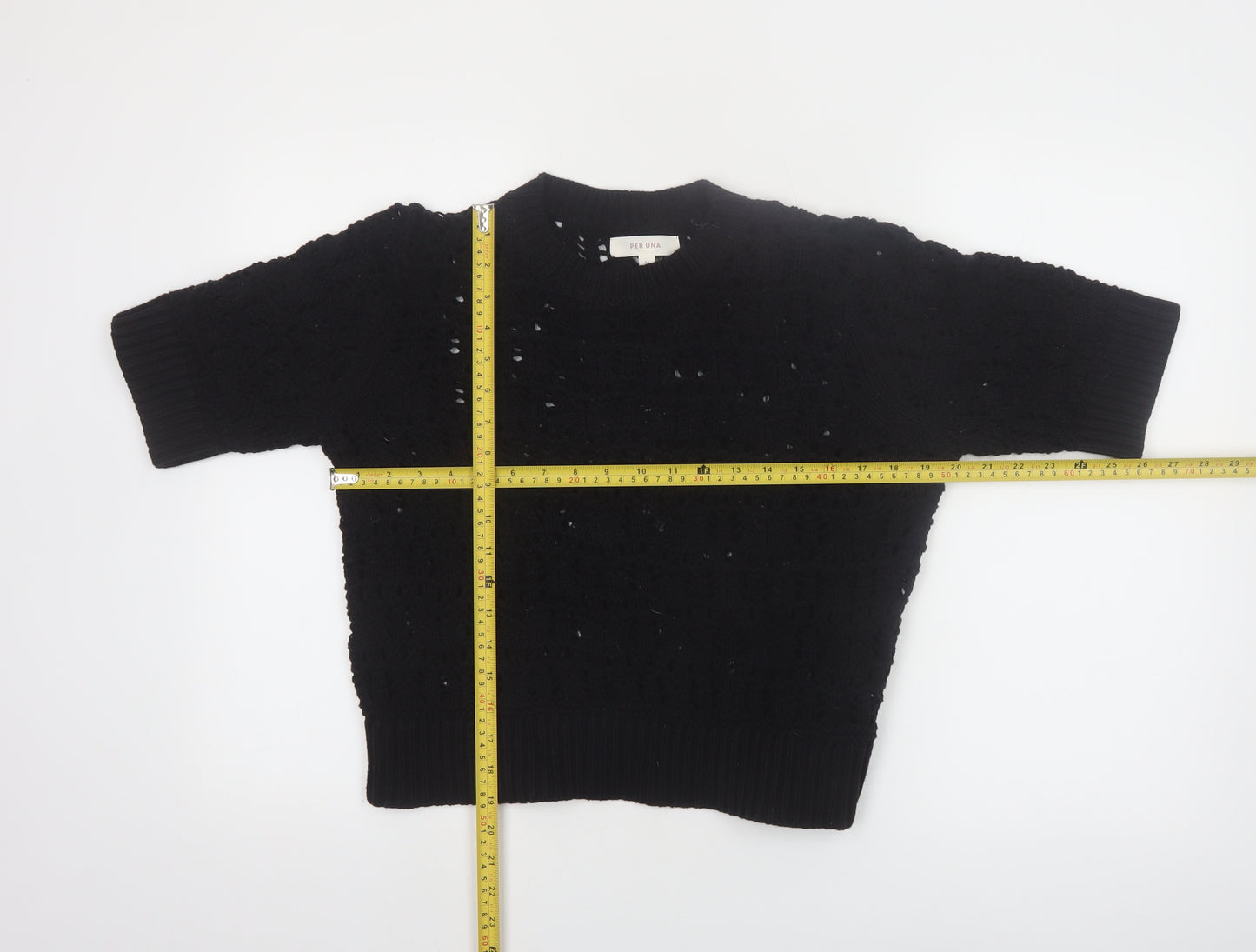 Marks and Spencer Per Una Women's Black Crochet Cotton Short Sleeve Jumper M