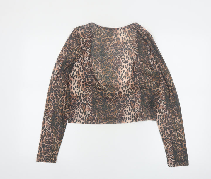 ASOS DESIGN Women’s Brown Leopard Print Mesh Cropped Long Sleeve Top M