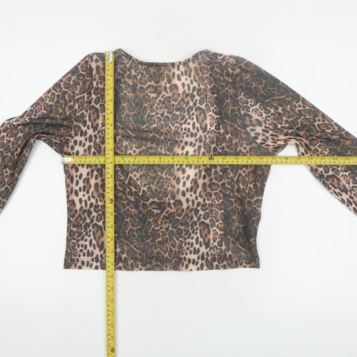 ASOS DESIGN Women’s Brown Leopard Print Mesh Cropped Long Sleeve Top M