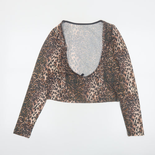 ASOS DESIGN Women’s Brown Leopard Print Mesh Cropped Long Sleeve Top M