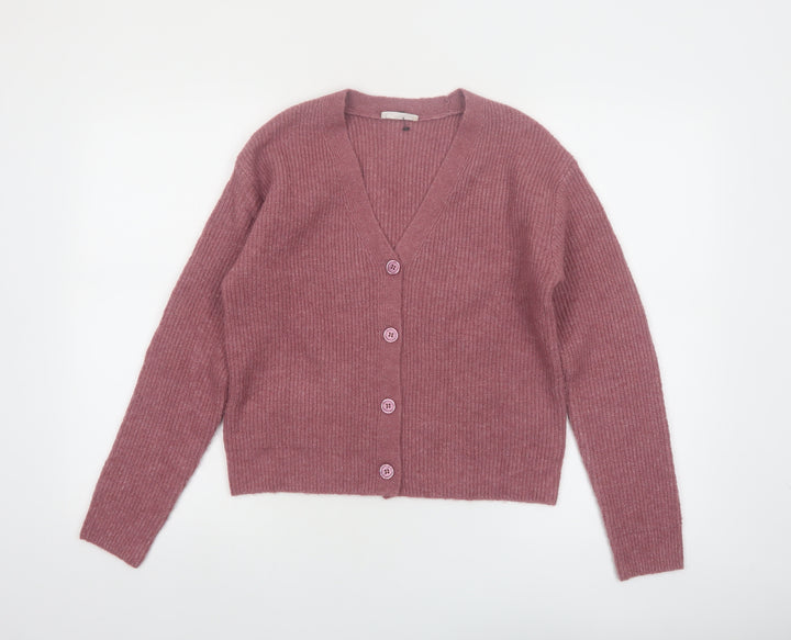 MNG Women's Pink V-Neck Button Knit Cardigan Jumper Size S