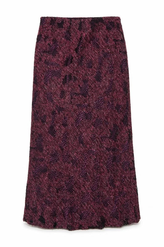 Front view of Minuet women’s purple a-line midi tweed skirt, size UK 12