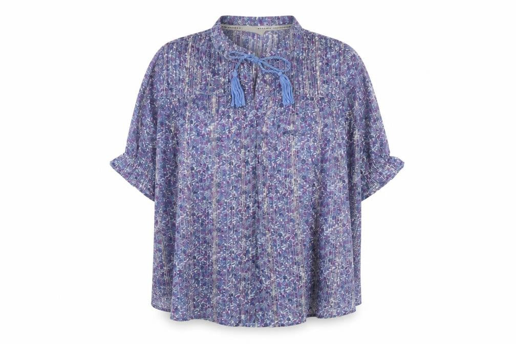 Front view of Autonomy Women’s Blue Floral Chiffon Pleated Tassel Boho Blouse, size L