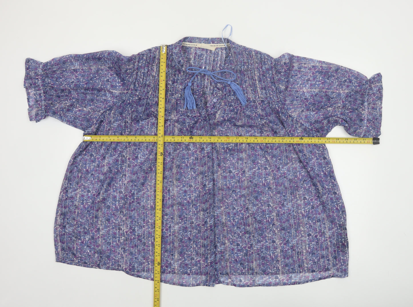 Autonomy Women’s Blue Floral Chiffon Pleated Tassel Boho Blouse Size L
