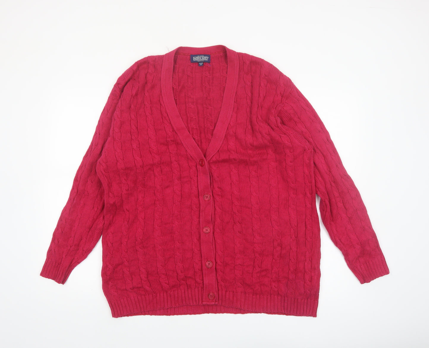 Lands' End Women's Red Cable-Knit Cotton Cardigan Size M