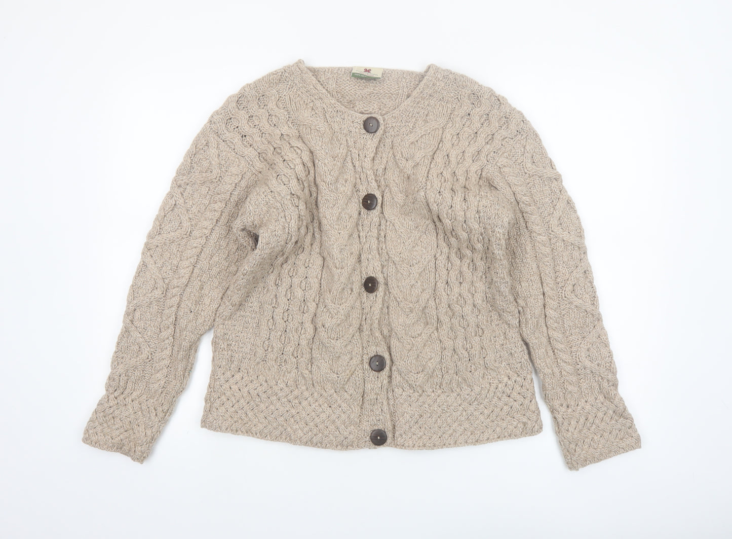 Carraig Donn Womens Beige Cable-Knit Cardigan Medium Merino Wool