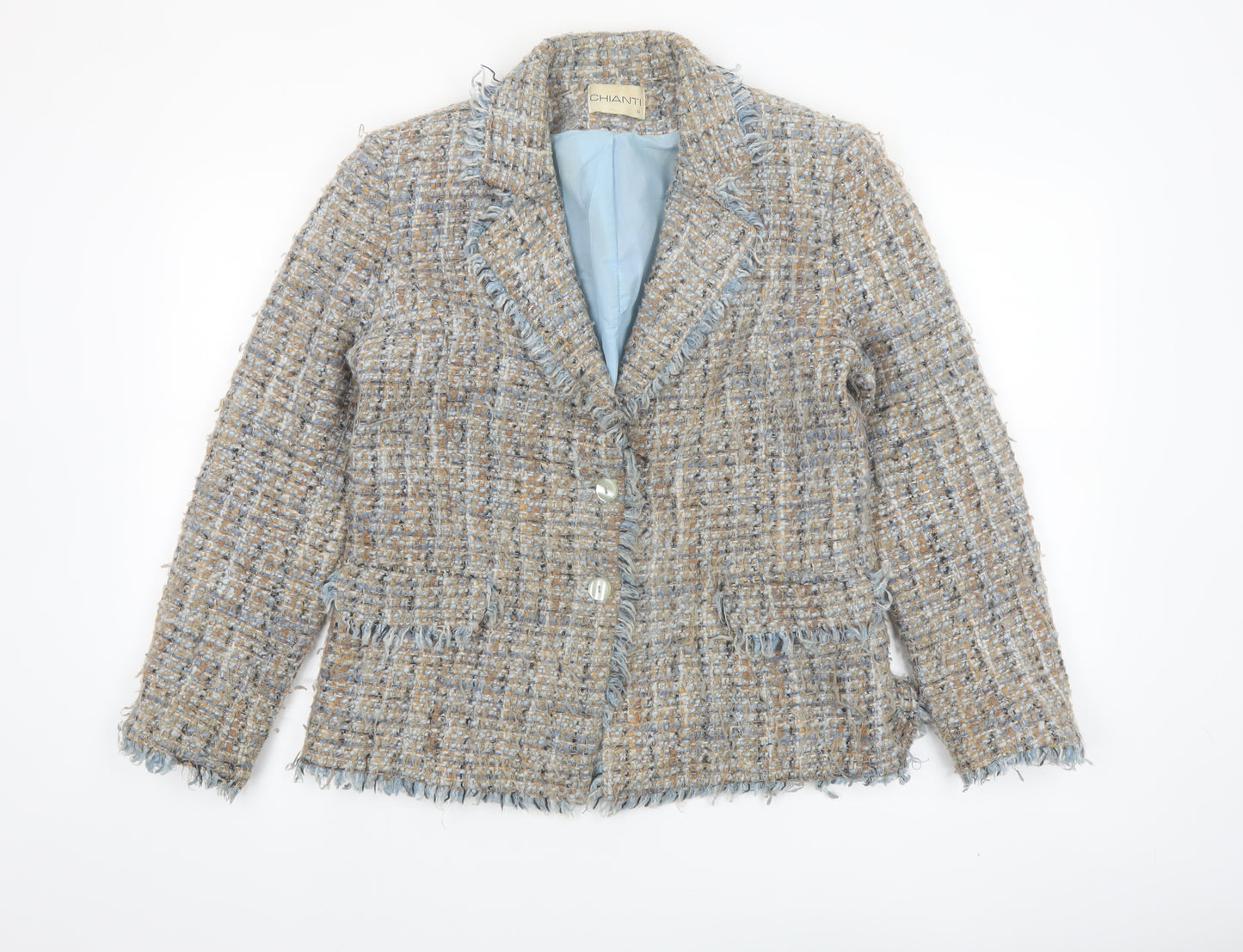 Chianti Women's Beige Blue Tweed Single-Breasted Blazer Size 14
