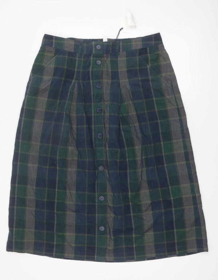 Seasalt Cornwall Women's Green Check A-Line Midi Cotton Skirt UK 16
