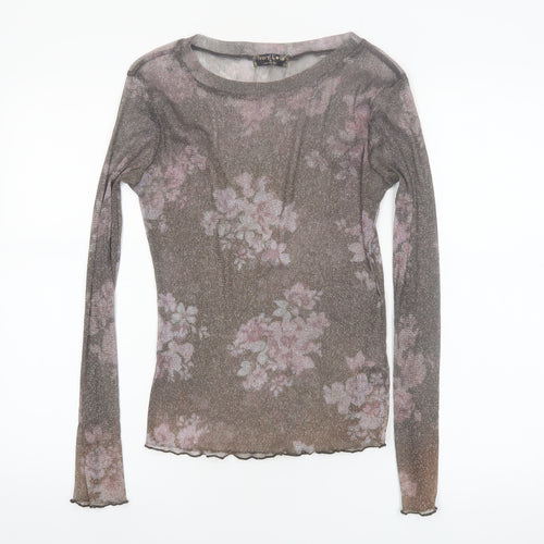 Ivory Love Women's Brown Floral Sheer Mesh Long Sleeve T-Shirt Size M
