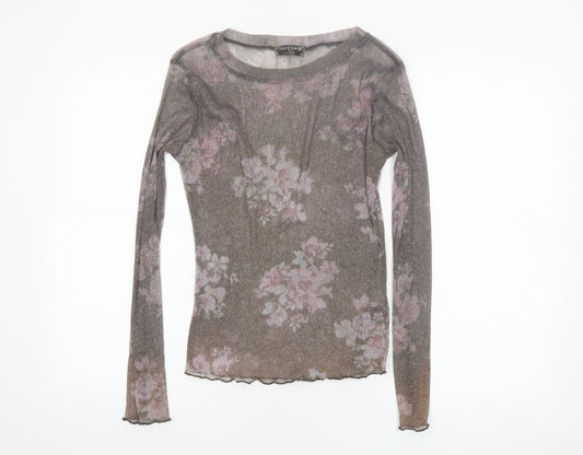 Ivory Love Women's Brown Floral Sheer Mesh Long Sleeve T-Shirt Size M