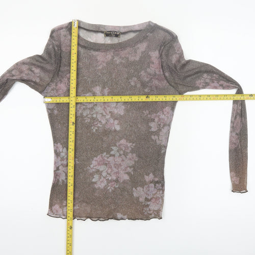 Ivory Love Women's Brown Floral Sheer Mesh Long Sleeve T-Shirt Size M