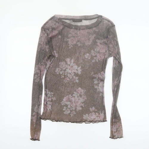 Ivory Love Women's Brown Floral Sheer Mesh Long Sleeve T-Shirt Size M