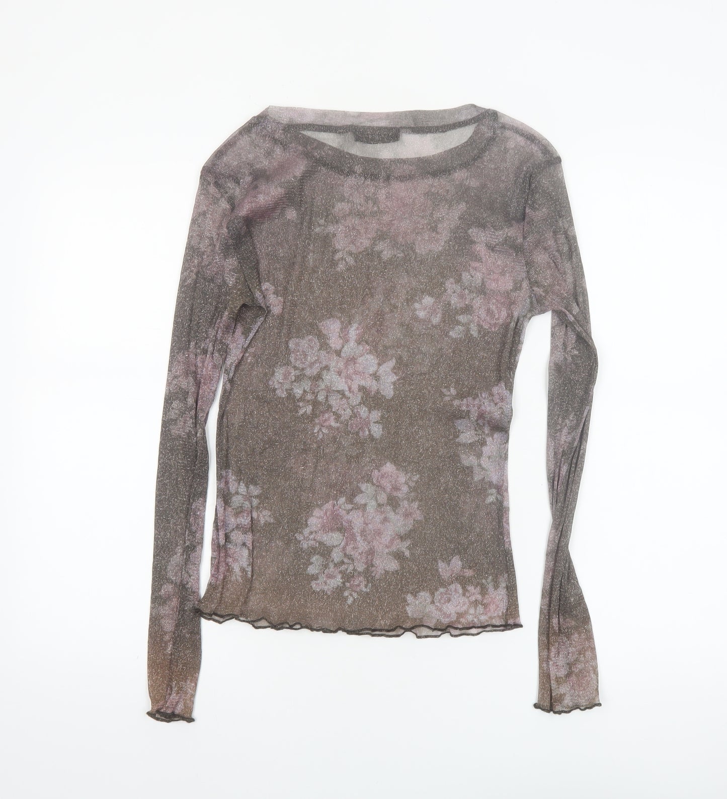 Ivory Love Women's Brown Floral Sheer Mesh Long Sleeve T-Shirt Size M