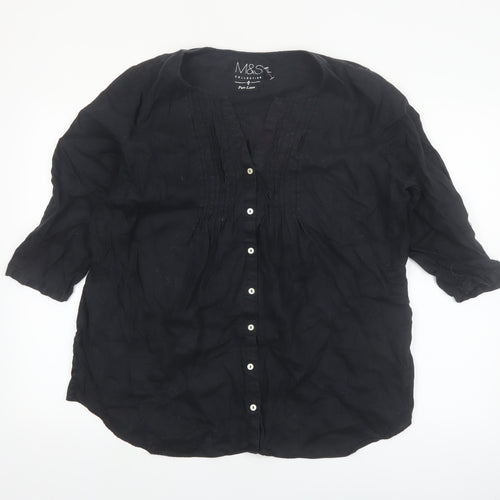 Marks and Spencer Women's Black Linen 3/4 Sleeve Button Blouse Size 18