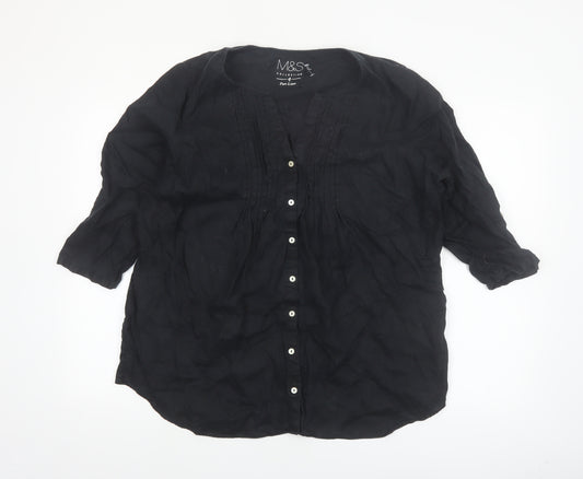 Marks and Spencer Women's Black Linen 3/4 Sleeve Button Blouse Size 18