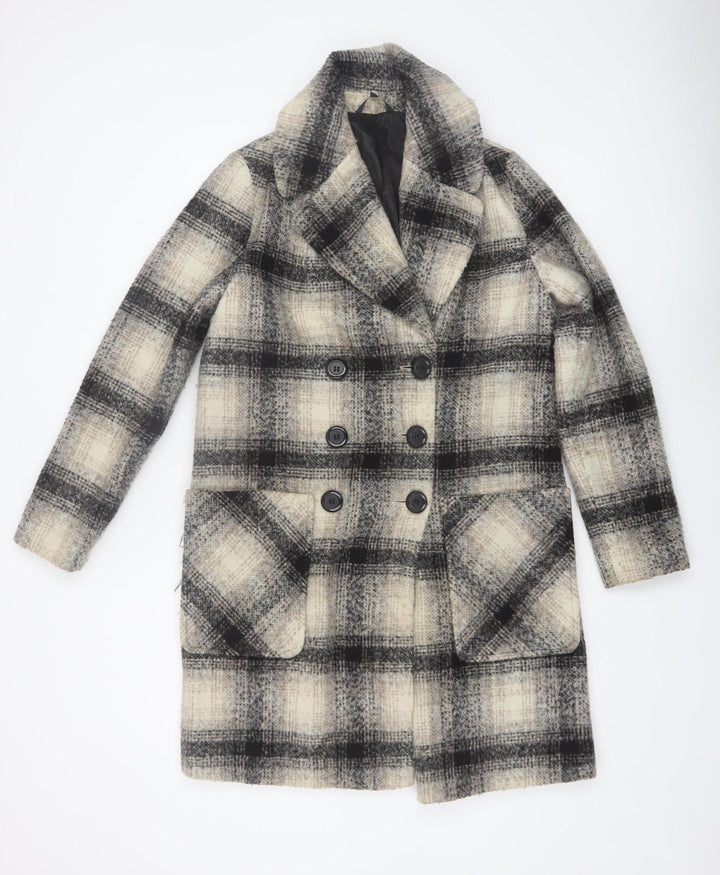 Marks and Spencer Women’s Beige Checked Wool Blend Overcoat Size 10