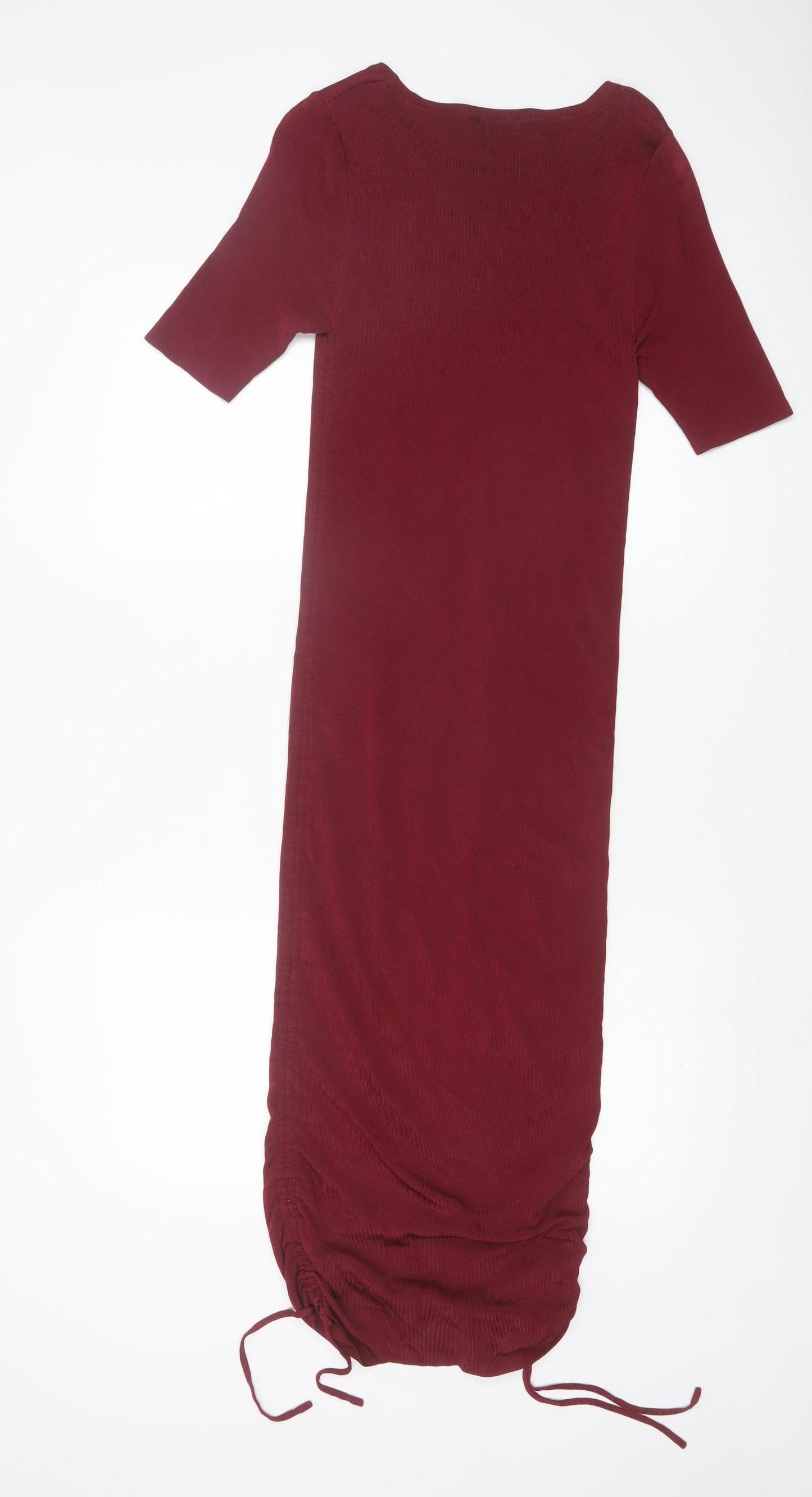 Zara Women Red Midi Bodycon Ruched Knit Dress Size M