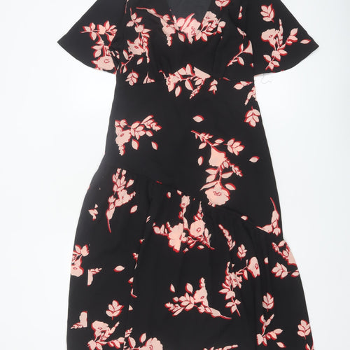 New Look Petite Black Floral Wrap Knee Length Dress Size 10