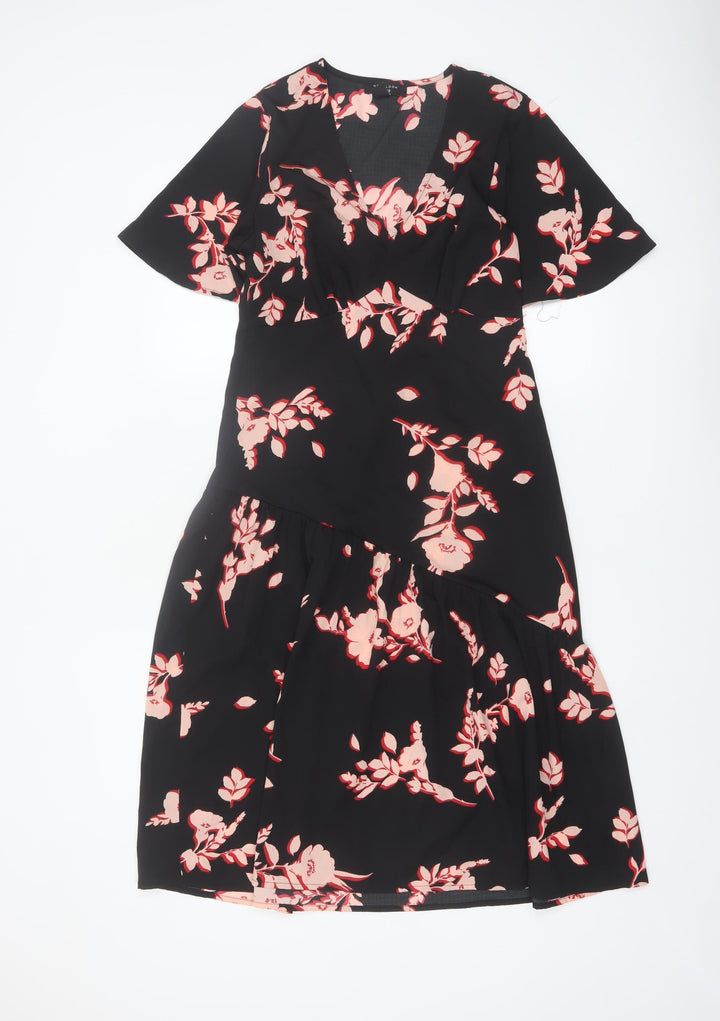 New Look Petite Black Floral Wrap Knee Length Dress Size 10