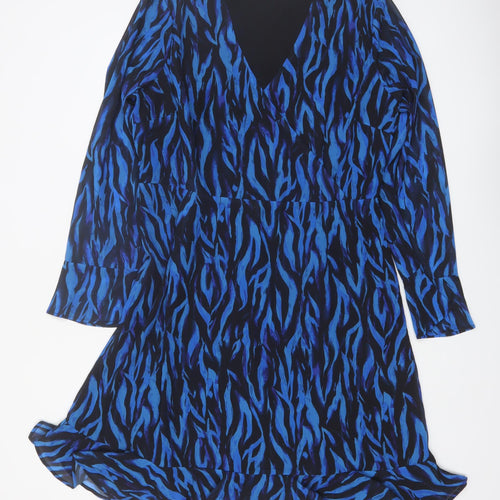 Sosandar Women Blue Animal Print V-Neck Knee Length Dress Size 18