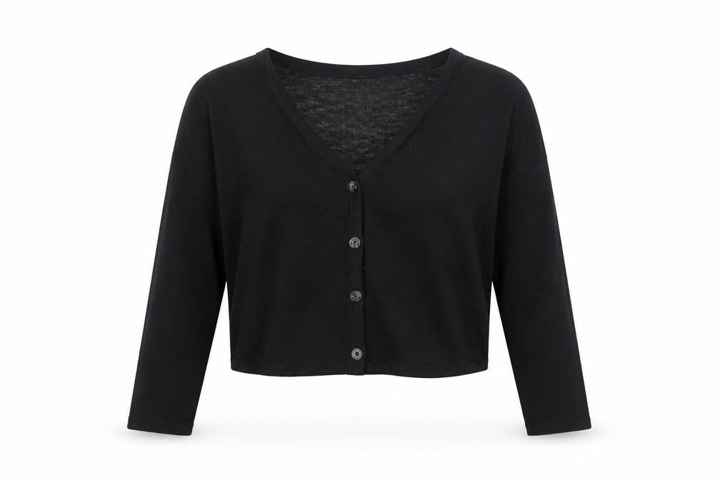 Front view of H&M Divided Women's Black V-Neck Button Cardigan, size M