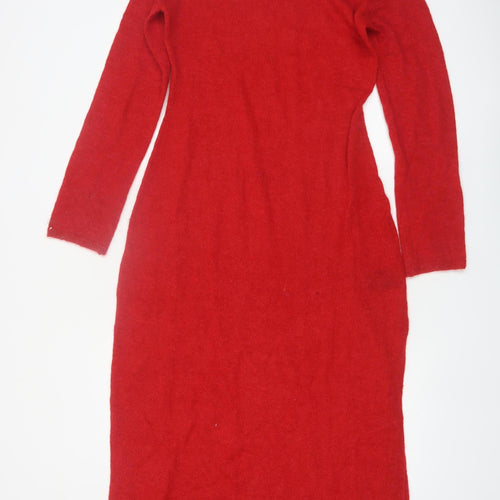 & Other Stories Women Red Wool Alpaca Knit Midi Bodycon Dress M